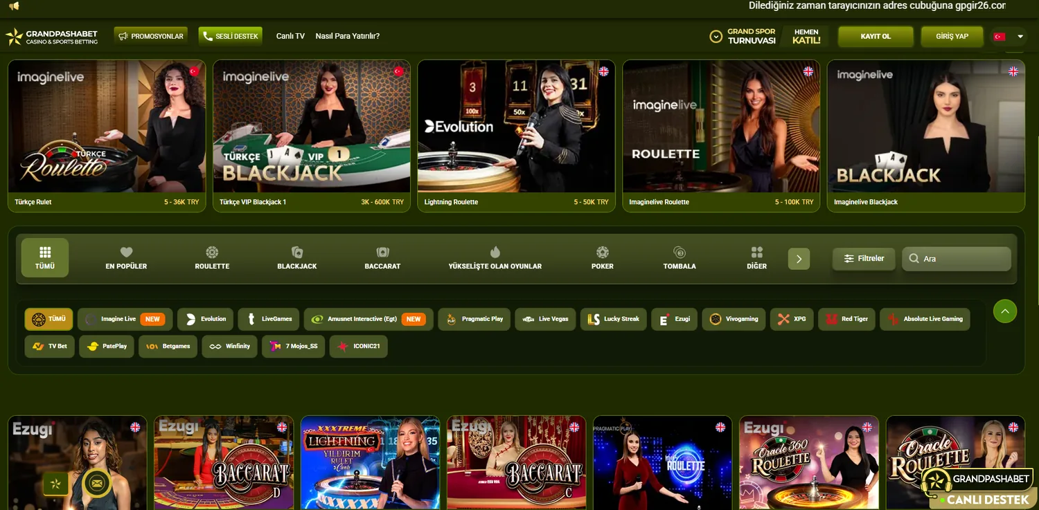 Grandpashabet canlı casino lobisi — Türkçe rulet, VIP blackjack ve sağlayıcı filtreleri
