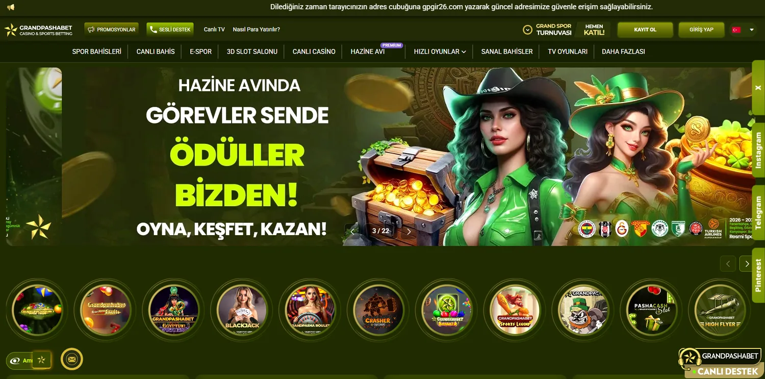 Grandpashabet giriş sonrası anasayfa — Hazine Avı kampanyası ve oyun vitrini