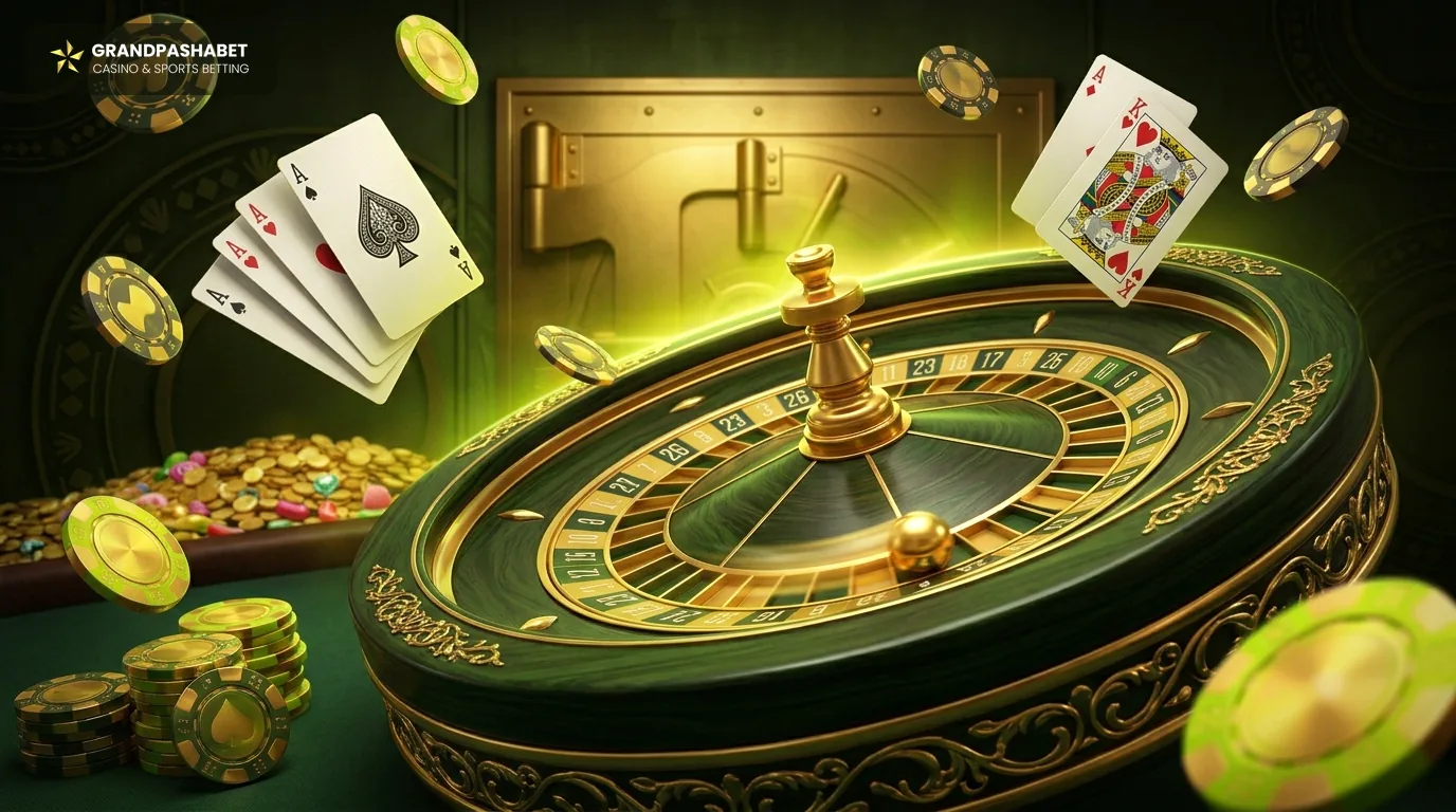 Grandpashabet canlı casino — altın topuyla dönen yeşil rulet çarkı