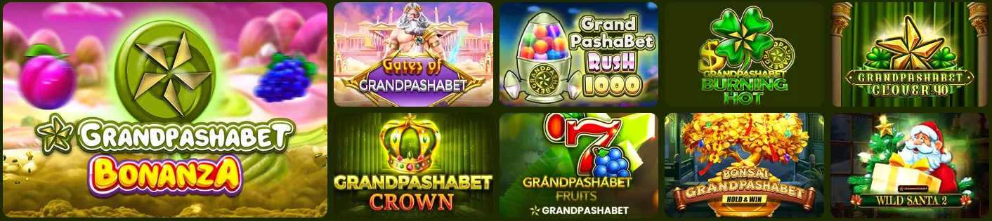 Grandpashabet markalı slot serisi — Bonanza, Gates of Grandpashabet, Rush 1000, Burning Hot, Clover 40, Crown, Fruits, Bonsai ve Wild Santa 2