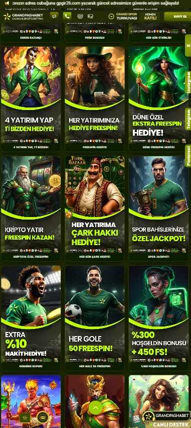 Grandpashabet promosyonlar ekranı — Spinomenal, GalaxSys ve Gamzix turnuvaları ile prim bonusu
