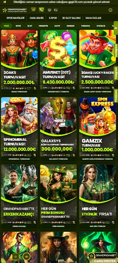 Grandpashabet promosyonlar ekranı — 3Oaks, Amusnet ve Lucky Races turnuva kartları