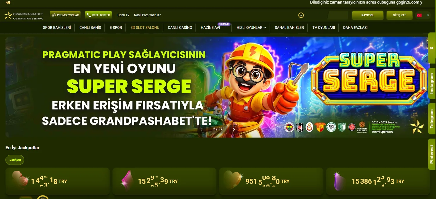 Grandpashabet slot salonu ekranı — Super Serge erken erişim oyunu ve jackpot sayaçları